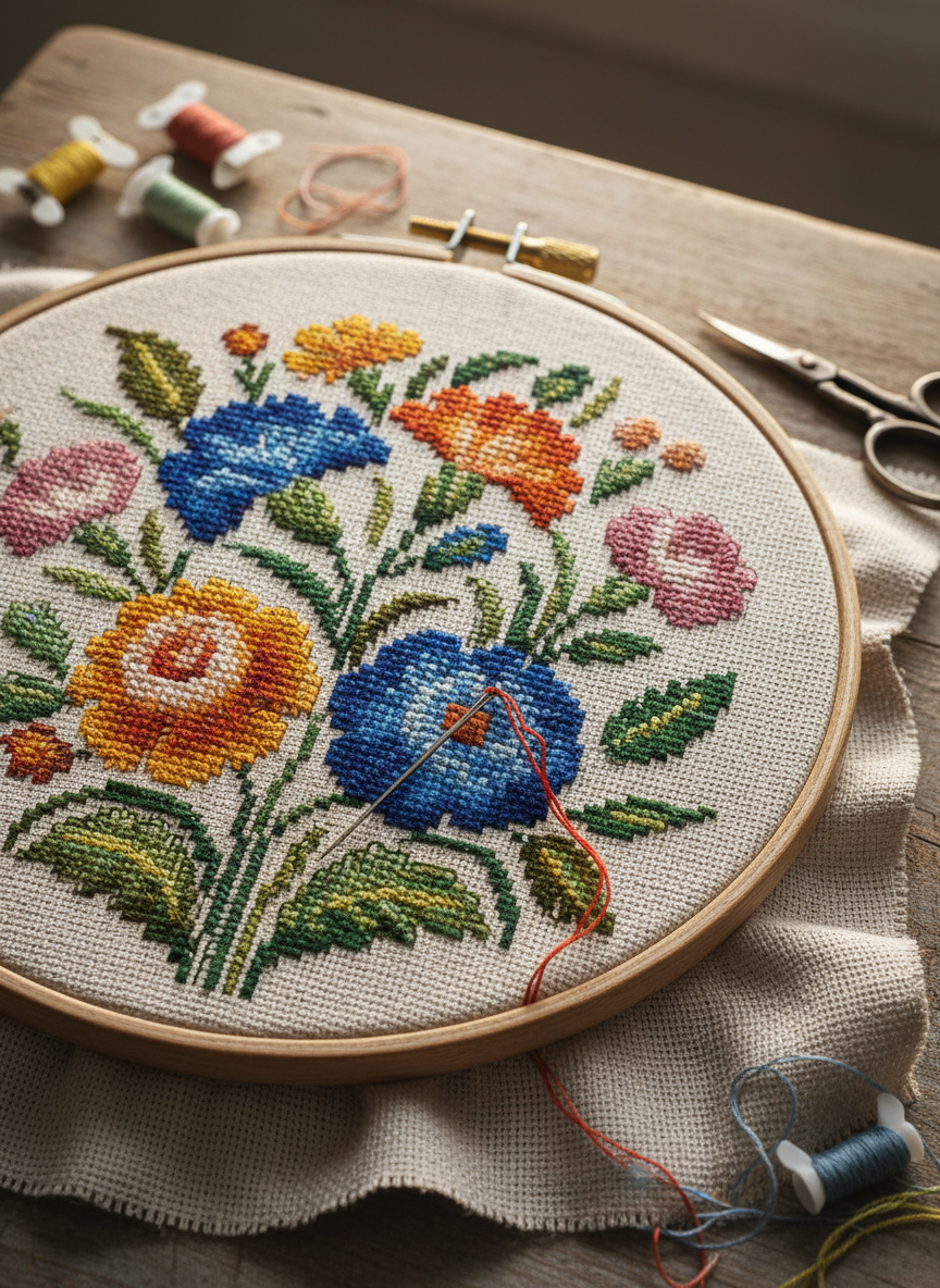 A close-up photograph of beautiful cross stitch and embroidery work on cream fabric, showing colourful thread patterns including floral motifs, with a needle and embroidery hoop visible, warm and crafty feel
